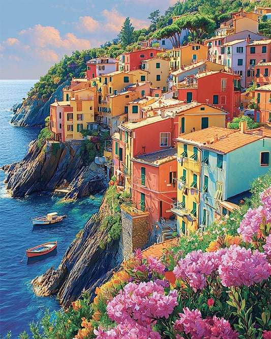 Farbenfrohes Meeresufer mit Häusern- Malen nach Zahlen