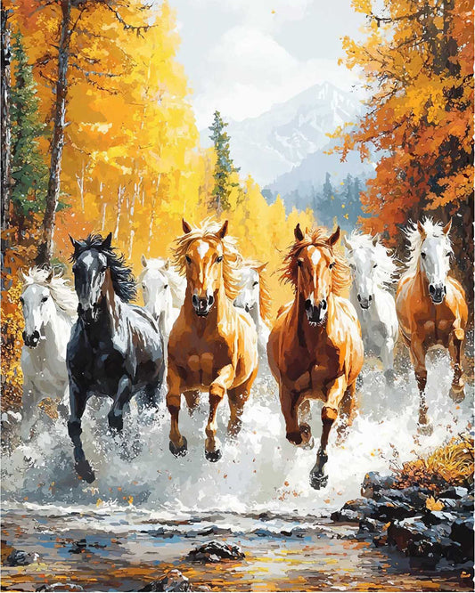 Galoppierende Pferde im bunten Wald - Malen nach Zahlen