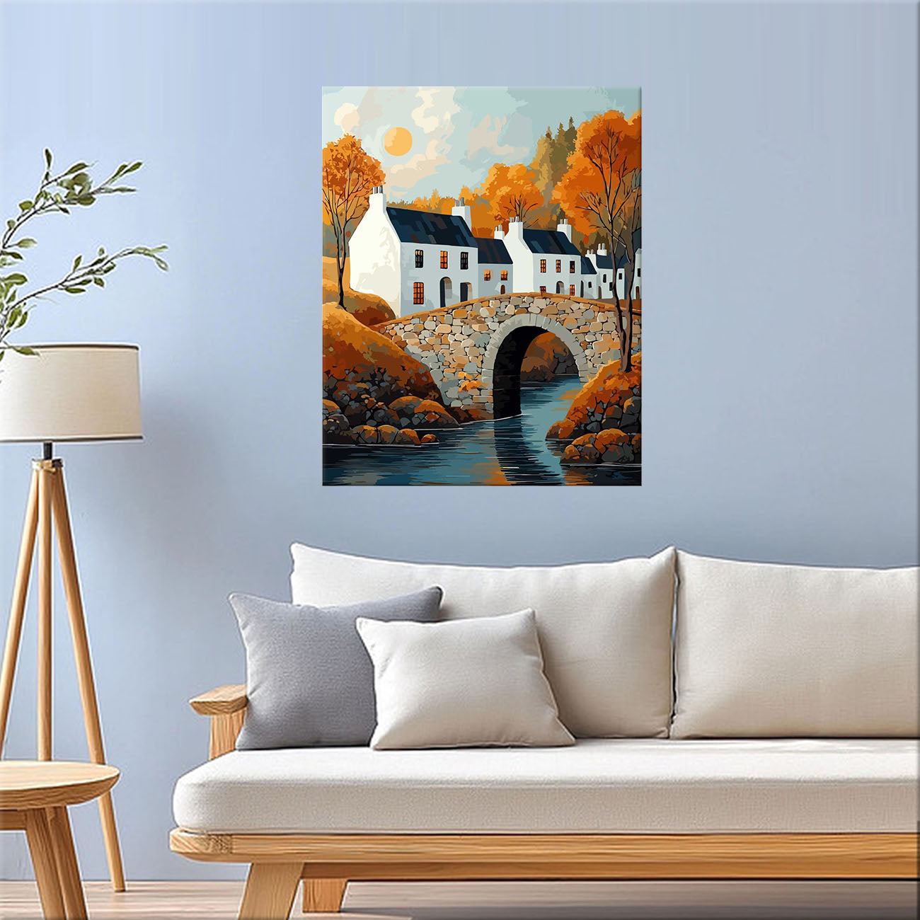 Herbstliches Dorf am Fluss - Malen nach Zahlen