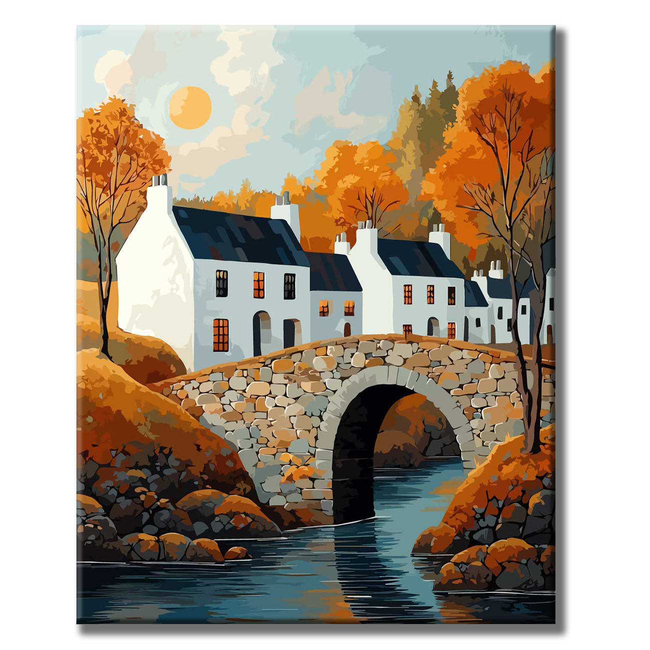 Herbstliches Dorf am Fluss - Malen nach Zahlen