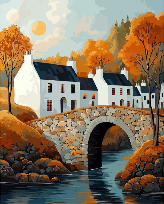 Herbstliches Dorf am Fluss - Malen nach Zahlen