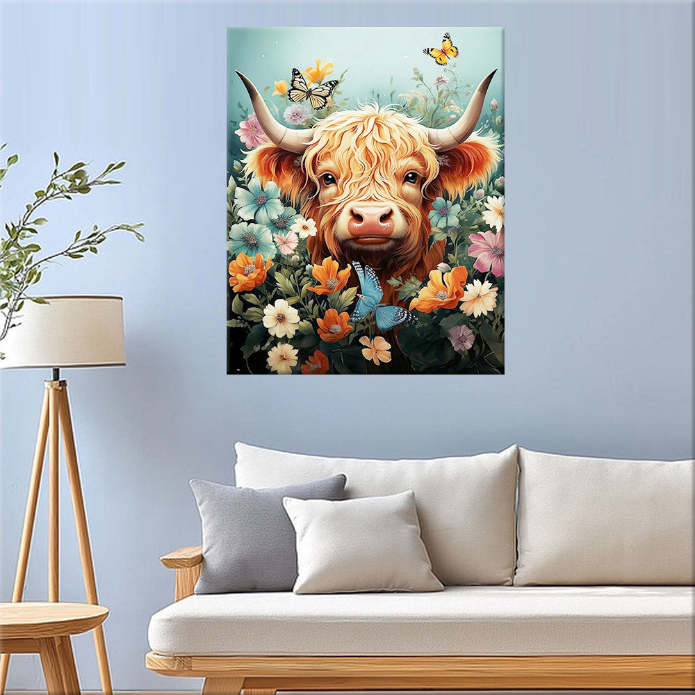 Highland Cows in Bloom- Painting by Numbers