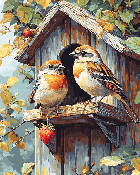 Holzhaus Vögelchen- Malen nach Zahlen