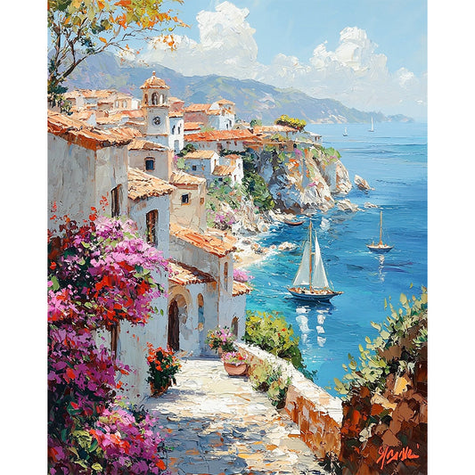 Küstenidylle mit Segelbooten- Malen nach Zahlen