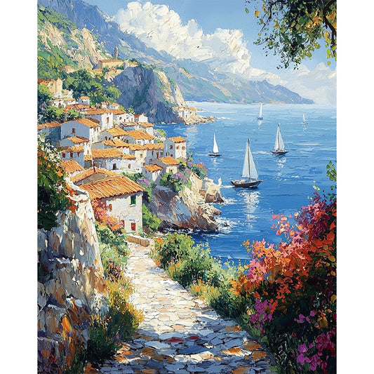 Malerisches Dorf am azurblauen Meer- Malen nach Zahlen