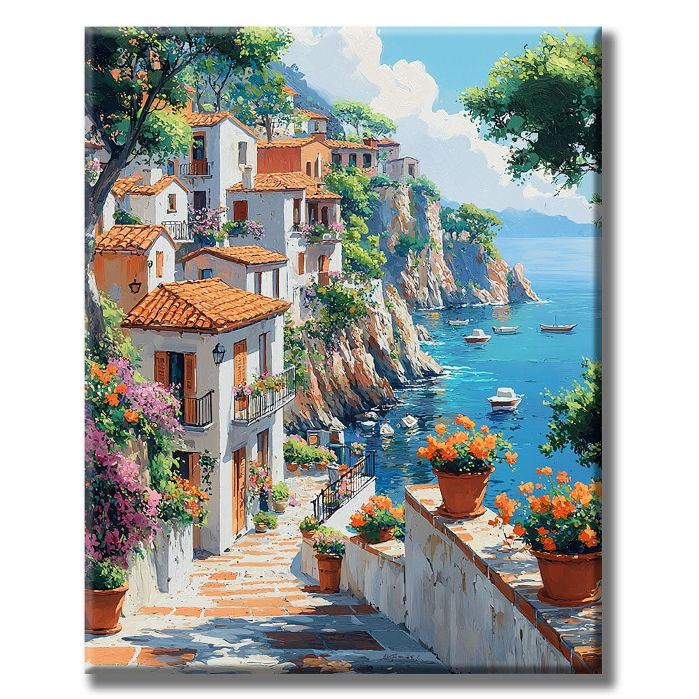 Mediterrane-Bucht im-Sonnenschein - Malen nach Zahlen
