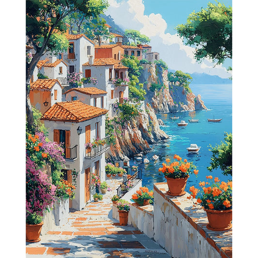 Mediterrane-Bucht im-Sonnenschein - Malen nach Zahlen