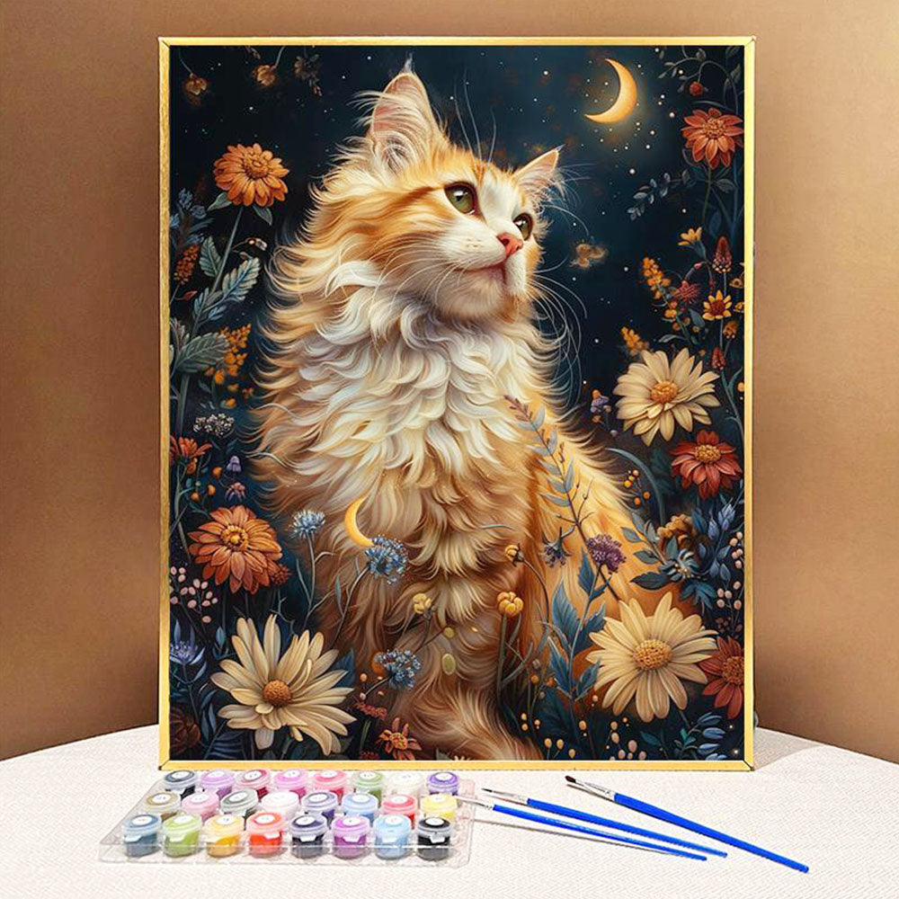 Moonlit Cat among Flowers- Painting by Numbers