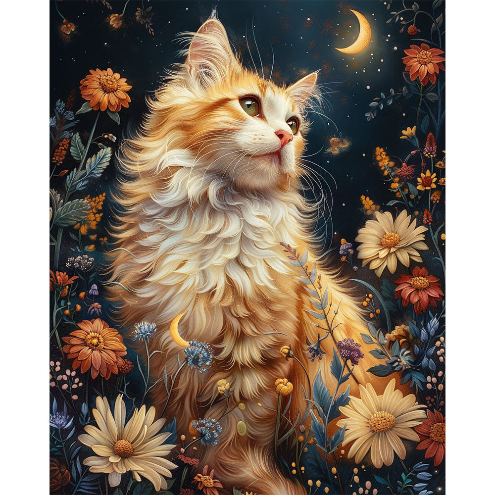 Moonlit Cat among Flowers- Painting by Numbers