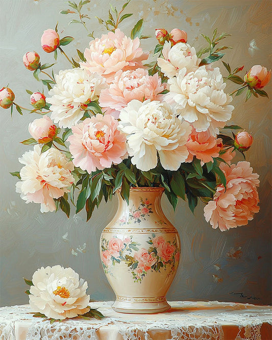 Pastellfarbene Blüten im Gefäß- Malen nach Zahlen