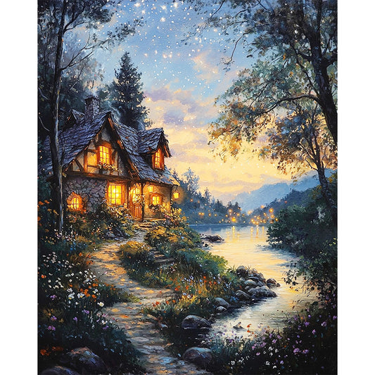 Romantische Hütte im Dämmerlicht- Malen nach Zahlen