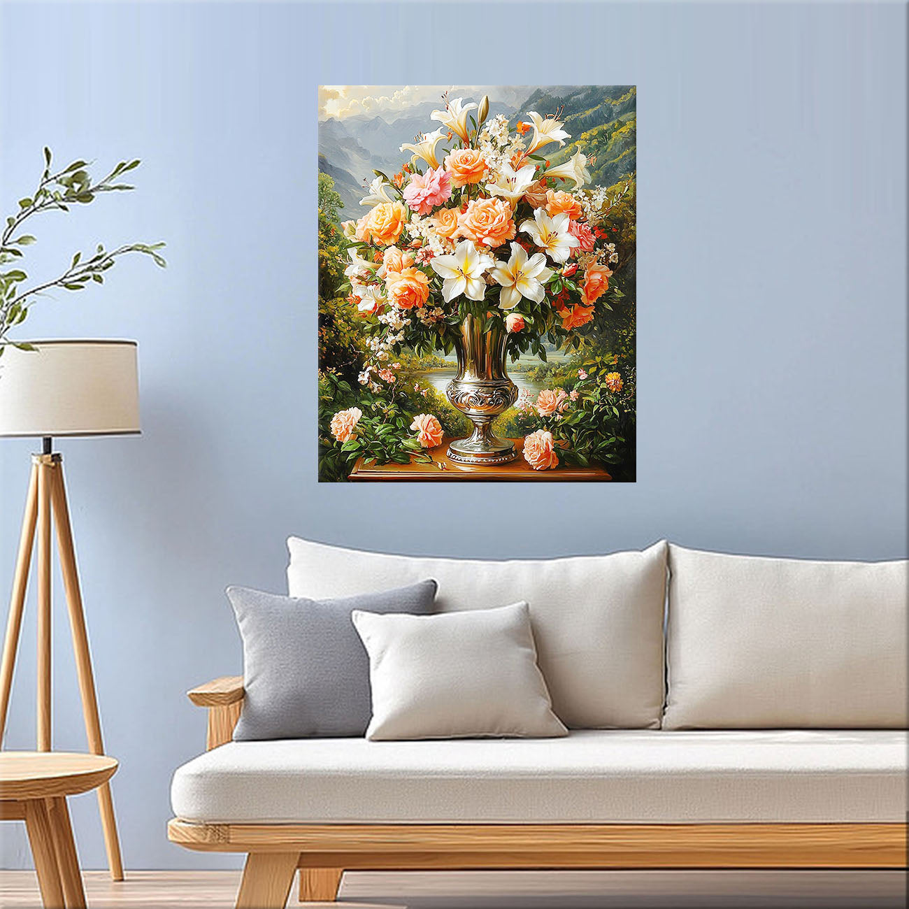 Silberner Krug mit Blüten & Goldlicht - Malen nach Zahlen