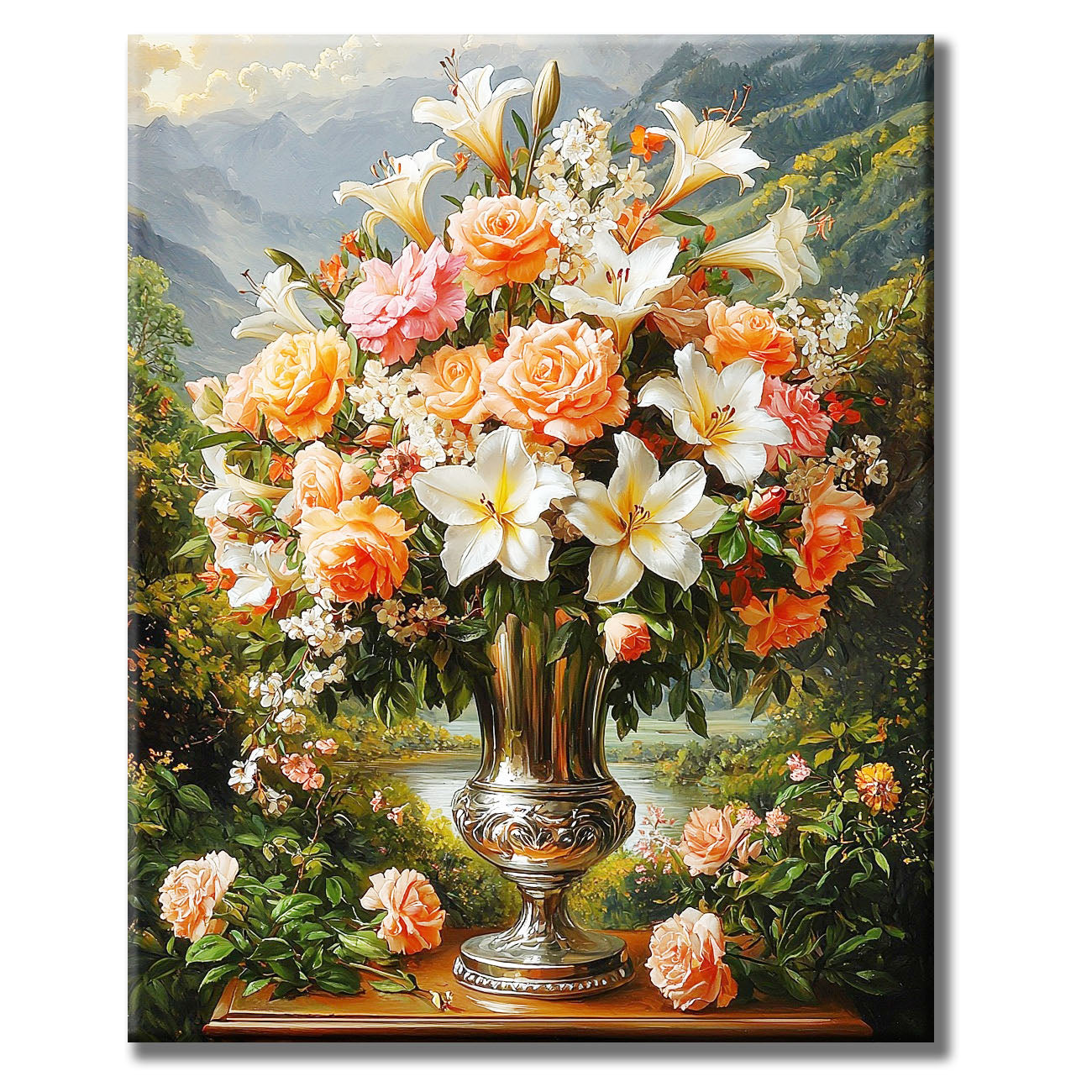 Silberner Krug mit Blüten & Goldlicht - Malen nach Zahlen