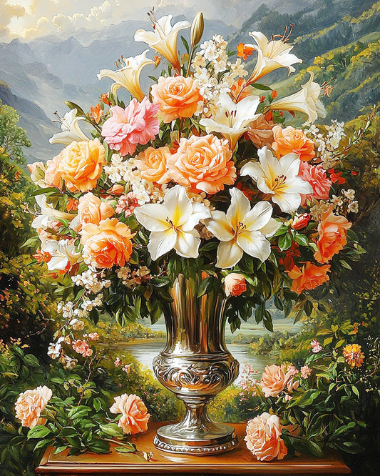 Silberner Krug mit Blüten & Goldlicht - Malen nach Zahlen