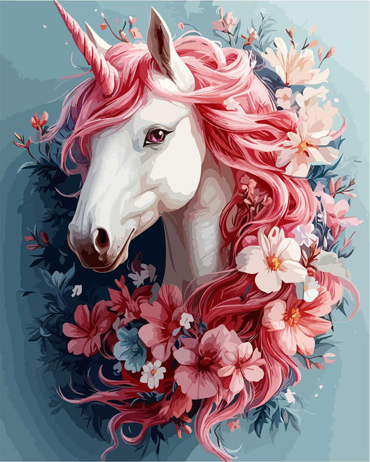 Traumhaftes Einhorn mit Blumen - Malen nach Zahlen