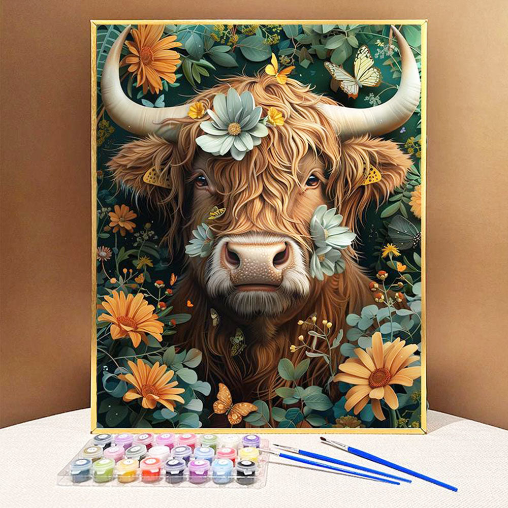 Floral Whispers and a Cow's Gaze- Painting by Numbers