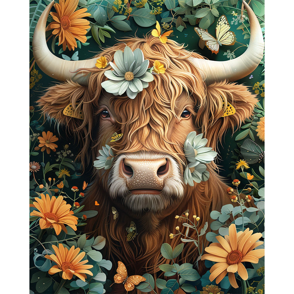 Floral Whispers and a Cow's Gaze- Painting by Numbers