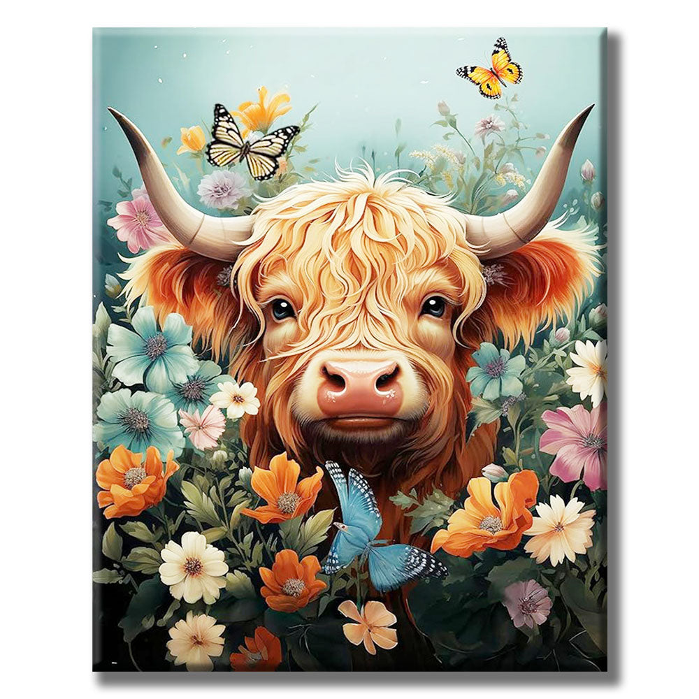 Highland Cows in Bloom- Painting by Numbers