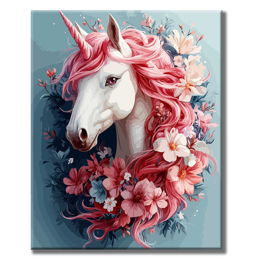 Traumhaftes Einhorn mit Blumen - Malen nach Zahlen