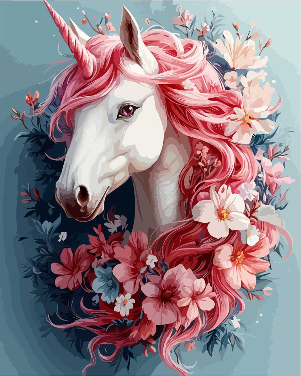 Traumhaftes Einhorn mit Blumen - Malen nach Zahlen