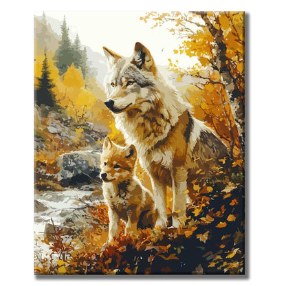 Vater - Wolf und Junges im Herbstlaub - Malen nach Zahlen