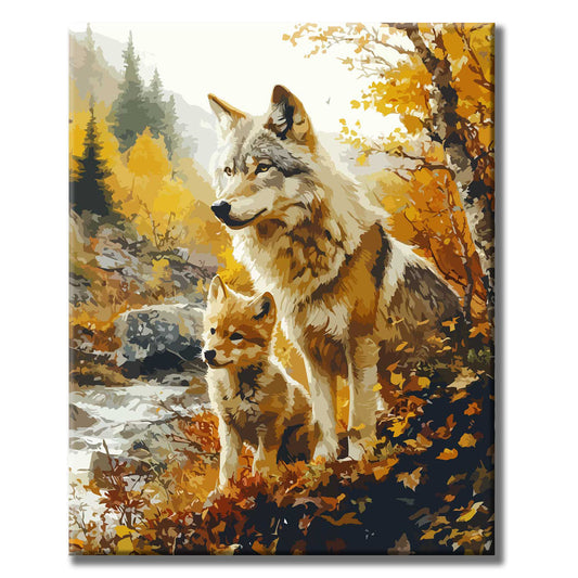 Vater - Wolf und Junges im Herbstlaub - Malen nach Zahlen